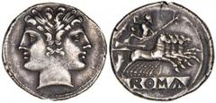 Anonymous, ca. 225-212 B.C. Fourrée Didrachm. Very Fine. Fourrée Didrachm. Rome. Laureate head of Janus. Rv. Jupiter, raising thunderbolt and holding scepter, in quadriga driven by Victory galloping r
