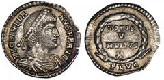 Julian II, A.D. 360-363. AR Siliqua Good Very Fine AR Siliqua. Lugdunum, A.D. 360. Diademed, draped and cuirassed bust of Julian II right. Rv. Votive legend in four lines within wreath; PLVG. 1.66 gra