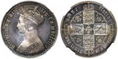GREAT BRITAIN. Victoria, 1837-1901. Proof Gothic Florin, 1853. Proof-66 (NGC) Proof Gothic Florin, 1853. Youthful crowned bust l., Gothic-letter legend shows no stop after mdcccliii. Rv. Cruciform shi