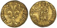 ITALIAN STATES. FLORENCE. Florin, n.d. AU-53 (NGC). Florin, n.d. Fleur de lis, (Castle) + FLOR – ENTIA. Rv. Standing St. John the Baptist, S. IOAN – NES. B. Broad type, 21.2 x 21.6mm, 3.5 grams. Fr.27