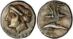 SINOPE. Ca.413-350 B.C. Drachm. Head of Sinope l., hair in sphendone. Rv. Sea-eagle l. on dolphin, ΣIN below, unclear name behind. 5.03 grams. SNG Dewing 2131. Unusually sharp details. Medium gray. Ex