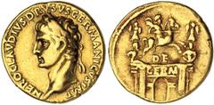 Nero Claudius Drusus, father of Germanicus and Claudius, d. 9 B.C. Posthumous Aureus, 41-45 A.D. Rome and Lugdunum. Struck by his son, Claudius. Laureate head l., NERO CLAVDIVS DRVSVS GERMANICVS IMP. 