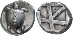 AIGINA. Ca.510-485 B.C. Stater. Sea-turtle with T pattern of dots on shell, heavy collar. Rv. Incuse punch of "Union Jack" pattern. 12.15 grams. SNG Dewing 1677. Well struck and decently centered with