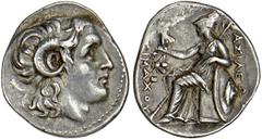 KINGS OF THRACE. Lysimachos, 323-281 B.C. Drachm, ca.294-287 B.C. Ephesos. Head r. of the deified Alexander the Great, wearing horn of Ammon. Rv. Athena enthroned l. holding Nike, symbol bee to inner 