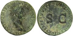 Domitian, 81-96 A.D. Dupondius, 87 A.D. Rome. Radiate head r. Rv. IMP.XIIII COS.XIII CENSOR PERPETVVS P.P. around large S.C. RIC 357 var. Subtly mottled dark and olive-green with some areas of earthen