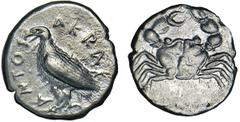 AKRAGAS. Ca.510-500 B.C. Didrachm. Eagle standing l., closed wings; AKRAC-ANTOΣ. Rv. Crab. 8.33 grams. SNG Cop.23, Jameson 501, Cf. SNG ANS 907, cf. Jenkins Gela pl.37.2. Broad flan. Choice Very Fine.