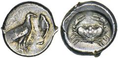 AKRAGAS. Ca.485-470 B.C. Didrachm. Eagle with closed wings standing r., AKRA to near r., ivy leaf to far r. Rv. Crab in circular incuse. 8.78 grams. SNG Lockett 698 (this coin). Medium gray with sligh