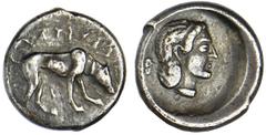 SEGESTA. Ca.450-440 B.C. Didrachm. Hound standing r., [Σ]EΓEΣTA[IIB] retrograde) above. Rv. Head of the nymph Segesta in circular incuse. 8.60 grams. Traité I, 2350; SNG ANS 617. Dark tone. Very Fine.