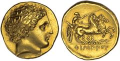 KINGS OF MACEDON. Philip II, 359-336 B.C. Gold Stater, ca.340/336-328 B.C. Pella. Laureate head of Apollo r. Rv. Driver with goad in galloping biga r., thunderbolt below, ΦIΛIΠΠOY in ex. 8.60 grams. l