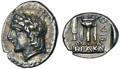 DAMASTION. Illyro-Paionian Region. Ca.350-345 B.C. Hemidrachm. Laureate head of Apollo l. Rv. Tripod on thick base inscribed HPAKΛ, EIΔO to r., knife to l. 2.26 grams. May 8. Very rare. Pleasing mediu
