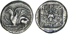 ABDERA. Thrace. Ca.411/10-386/5 B.C. Tetradrachm. Griffin springing l., both forelegs raised, ABΔHPI[TEΩN] below. Rv. Grape cluster entwined with wreath of ivy, HPOΦANHΣ (magistrate) around. 12.76 gra