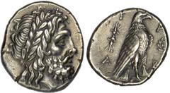 OLYMPIA. Elis. Ca.323-271 B.C. Stater. Laureate head of Zeus r. Rv. Eagle with closed wings standing r., F-A above, A-P below, vertical thunderbolt to l., wreath to r. 12.13 grams. Seltman Group J.221