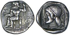 KLEITOR. Arkadia. 470s B.C. Hemidrachm. Zeus Lykaios seated l. on low throne holding long scepter in l. hand and eagle flying off his r. Rv. Head of nymph Kallisto l. wearing tainia and necklace and w