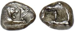 KINGS OF LYDIA. Time of Kroisos, ca.561-546 B.C. Stater (Double Siglos). Sardes mint. Confronted foreparts of lion r. and bull l. Rv. Two incuse squares of unequal size. 10.53 grams. SNG von Aulock 28