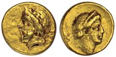 MARION. Cyprus. Stasioikos II, deposed by Ptolemy I of Egypt in 312 B.C. Gold Triobol. Laureate head of Zeus l. Rv. Head of Aphrodite r., M[A] behind. 2.02 grams. BMC Pl.XX.10. Minor reverse scrapes. 