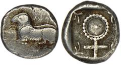 SALAMIS. Cyprus. Ca.480-460 B.C. Stater. Ram lying l., Cypriot letters above, small ankh symbol in front. Rv. Ankh symbol formed of pellets along linear circle, pellet in center, in incuse square from