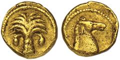CARTHAGE. Zeugitania. 350-320 B.C. Gold 1/10 Stater or Trihemiobol. Date palm tree in dotted circle. Rv. Horse's head r. in dotted circle. 0.94 grams. Jenkins & Lewis Group III. 138. Very Fine and rar