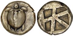 AIGINA. Ca.480-457 B.C. Stater. Sea-turtle, shell with a row of pellets across the top and down the middle. Rv. Large square incuse divided by heavy lines into skew pattern. 12.15 grams. SNG Dewing 16