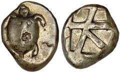 AIGINA. Ca.480-457 B.C. Stater. Sea-turtle, shell with a row of pellets across the top and down the middle. Rv. Large square incuse divided by heavy lines into skew pattern. 12.23 grams. SNG Dewing 16