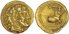 SALAMIS. Cyprus. Euagoras I, 411-373 B.C. Gold 1/10th Stater. Head of Herakles r. wearing lion's skin. Rv. Forepart of goat kneeling r., club below, all in linear circle. 0.70 grams. BMC 53. Nice Very