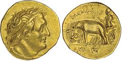 EGYPT. Ptolemy I Soter, as King, 305-285 B.C. Gold Stater, ca.300-298 B.C. Kyrene mint. Diademed bust r. of Ptolemy as king, wearing aegis. Rv. Figure of deified Alexander the Great, holding thunderbo
