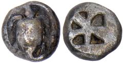 AIGINA. Ca.480-457 B.C. Obol. Sea turtle. Rv. Incuse square divided by broad bands into five irregularly shaped compartments. 1.01 grams. SNG Cop.511. Dark tone. Fine and rare. (100-150) Ex Spink, 193