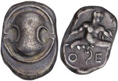 THEBES. Boiotia. 425-395 B.C. Stater. Boiotian shield. Rv. Infant Herakles seated facing, head r., strangling serpents, Θ-E. 11.58 grams. Cf. Traité III.263. Pl.CCI.6 (same reverse die). Medium gray. 