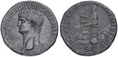 Nero Claudius Drusus, d.9 B.C. Posthumous Sestertius, 41-42 A.D., struck by his son Claudius. Rome. Bare head l., NERO CLAVDIVS DRVSVS GERMANICVS [IMP]. Rv. Claudius, bare-headed and togate, seated l.