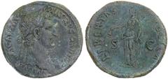 Nerva, 96-98 A.D. Sestertius, 97 A.D. Rome. Laureate head r., IMP. NERVA CAES. AVG. P.M. TR.P. COS.III P.P. Rv. Libertas standing l. holding pileus and scepter, LIBERTAS [PV]BLICA S.C. RIC 86. Extraor