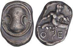 THEBES. Boiotia. 425-395 B.C.Stater. Boiotian shield. Rv. Infant Herakles seated facing, head r., strangling serpents, Θ-E. 11.58 grams. Cf. Traité III.263. Pl.CCI.6 (same reverse die). Medium gray. E