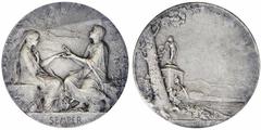 FRANCE. Wedding Medal, 1895. Silver, 41.4mm, 32.04 grams. By Louis Oscar Roty. Obv. Young couple pledge troth, incuse SEMPER, Forever. Rev. Ancient fountain under oak. A handsome work by the instructo