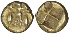 KYZIKOS. Mysia. Ca. 550-500 B.C. 1/12 Stater (Hemi-Hekte). Winged male deity standing l. holding a tunny by the tail downward in each hand. Rv. Quadripartite incuse punch. 1.33 grams. Von Fritze 27. V