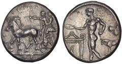SELINOS. Ca. 455-409 B.C. Tetradrachm. Artemis driving quadriga l., standing beside her, Apollo draws a bow l., Rv. Rivergod Selinos standing l., holding phiale over a canopied altar, rooster below, a