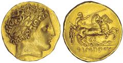 KINGS OF MACEDON. Philip II, 359-336 B.C. Gold Stater, ca.340/336-328 B.C. Pella. Laureate head of Apollo r. Rv. Driver with goad in galloping biga r., thunderbolt below, ΦIΛIΠΠOY in ex. 8.60 grams. l