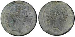 Divus Julius Caesar. "Sestertius." Posthumous, struck under Octavian 38 B.C. Italian mint. Bare head of Octavian r. with a light beard'; CAESAR DIVI.F. Rv. Laureate head of Julius Caesar r.; DIVOS IVL