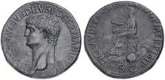 Nero Claudius Drusus. Posthumous Sestertius, 41-42 A.D., struck by his son Claudius. Rome. Bare head l., NERO CLAVDIVS DRVSVS GERMANICVS [IMP]. Rv. Claudius, bare-headed and togate, seated l. on curul
