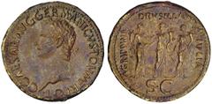 Caligula, 37-41 A.D. Sestertius, 37- March 38 A.D. Rome. Laureate head l.; C.CAESAR.AVG.GERMANICVS.PON.M.TR.POT. Rv. Standing facing figures of Caligula's sisters: Agrippina Jr. cast as Securitas, Dru