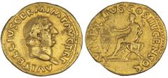 Vitellius, as Augustus, 69 A.D. Aureus. Rome. Laureate head r.; A VITELLIVS GERM IMP AVG TR P. Rv. Togate Vitellius the Elder seated l. on curule chair holding branch and eagle-tipped scepter; L VITEL
