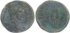 Nerva, 96-98 A.D. Sestertius, 97 A.D. Rome. Laureate head r., IMP. NERVA CAES. AVG. P.M. TR.P. COS.III P.P. Rv. Libertas standing l. holding pileus and scepter, LIBERTAS [PV]BLICA S.C. RIC 86. Extraor