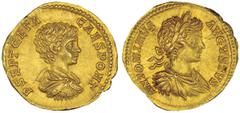 Caracalla, as Caesar. Dynastic Aureus, 199-200 A.D. Rome. Laureate, draped and cuirassed bust of Caracalla r.; ANTONINVS AVGVSTVS. Rv. Draped and cuirassed, bare-headed bust of Geta r.; P. SEPT GETA C