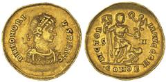 Western Roman Empire. Honorius, 393-423 A.D. Solidus, 393-5 A.D. Constantinople, officina H. Small laureate, draped and cuirassed bust r.; DN HONORI-VS PF AVG. Rv. The emperor standing r., holding a l