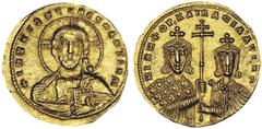 Nicephorus II Phocas and Basil II (963-969). Histamenon. Constantinople, 963-965. + I hS XΓS RЄX RЄGNANTI hM. Bust of Christ Pantocrator facing in low relief, with knotted beard, cross nimbus with thr