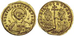 Basil II and Constantine VIII (976-1025). Histamenon. Constantinople, 976. + IhS XIS RЄX RЄGNANTIЧM. Bust of Christ Pantocrator facing, bearded, with cross nimbus with three pellets in each arm, weari