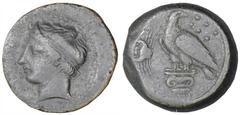 AKRAGAS. Ca. 400-380 B.C. Æ Hemilitron. Diademed and horned head of the rivergod Akragas l. Rv. Eagle standing l., head reverted, atop Ionic capital, crab at left, six small pellets above right. SNG A