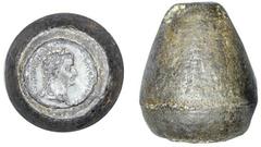 Tiberius, 14-37 A.D. A Unique Die for a Tribute Penny - Denarius of the mint of Lugdunum. An official die with the obverse of a denarius stuck on the top. Laureate head r.; TI CAESAR DIVI AVG F AVGVST