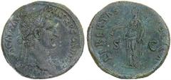 Nerva, 96-98 A.D. Sestertius, 97 A.D. Rome. Laureate head r., IMP. NERVA CAES. AVG. P.M. TR.P. COS.III P.P. Rv. Libertas standing l. holding pileus and scepter, LIBERTAS [PV]BLICA S.C. RIC 86. Extraor