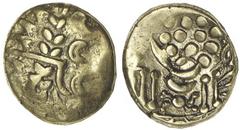 CELTIC BRITAIN. Durotriges. Uninscribed series. Ca. 65 B.C.-A.D. 45. AV Stater. Chute type, ca. 65-58 B.C. Abstracted head of Apollo right. Rv. Disjointed horse left; above and below, crab-like object