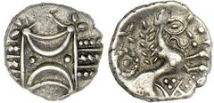CELTIC BRITAIN. ICENI. Circa 25-38 A.D. Unit, n.d. Silver, 13mm, 1.18 grams. Two opposed crescents with pellets on band between three vertical dotted lines. Rv. Stylized horse advancing r. with sun ab