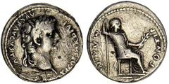 Tiberius, A.D. 14-37. AR Denarius. Lugdunum, ca. A.D. 16-37. Laureate head of Tiberius right. Rv. Livia, as Pax, seated right, holding olive branch and scepter; plain chair legs. 3.54 grams. RIC 26. B
