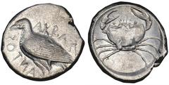 SICILY. Akragas. Ca. 470-460 B.C. AR Tetradrachm. Eagle with closed wings standing l., AKRAC-ANTOΣ (retrograde). Rv. Crab in shallow circular incuse. 17.20 grams. SNG ANS 976. Broad flan. Choice Very 